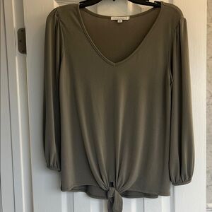 Green Envelope Olive V-Neck Blouse with Tie-Front